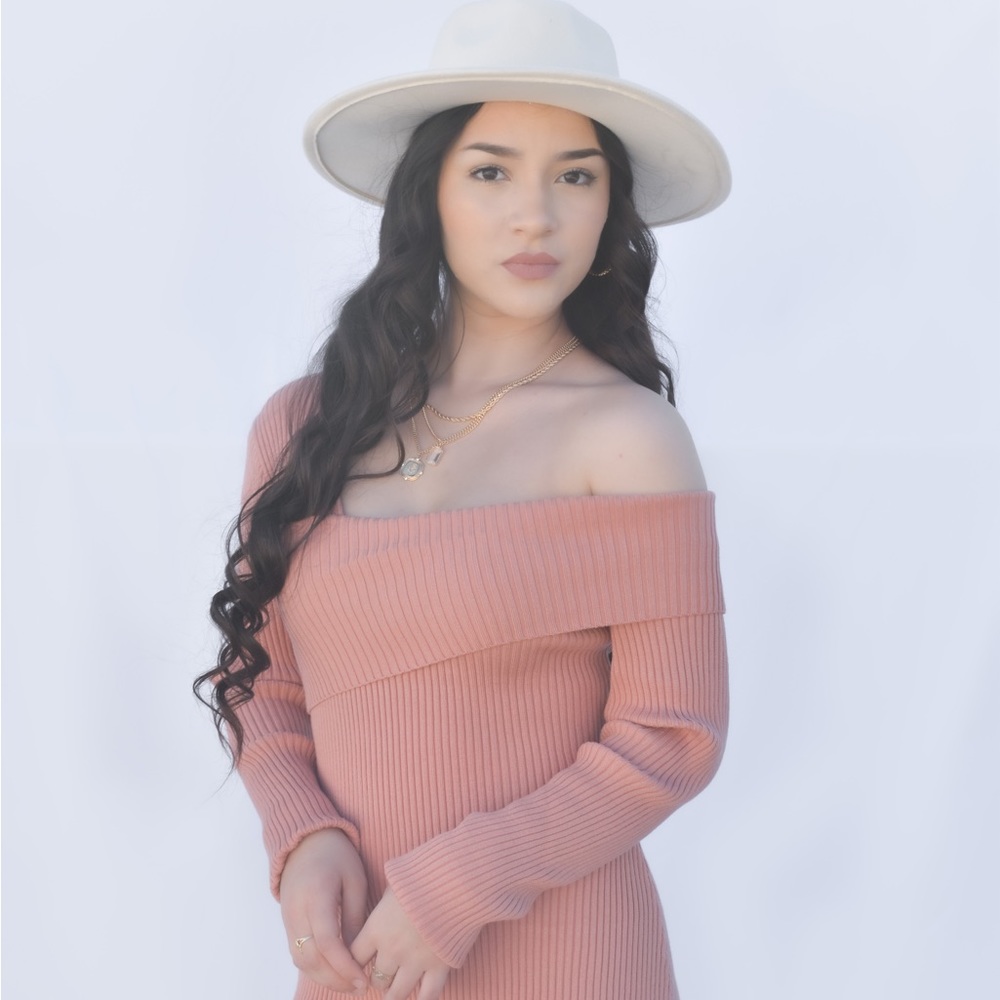 Off the shoulder sweater dress.